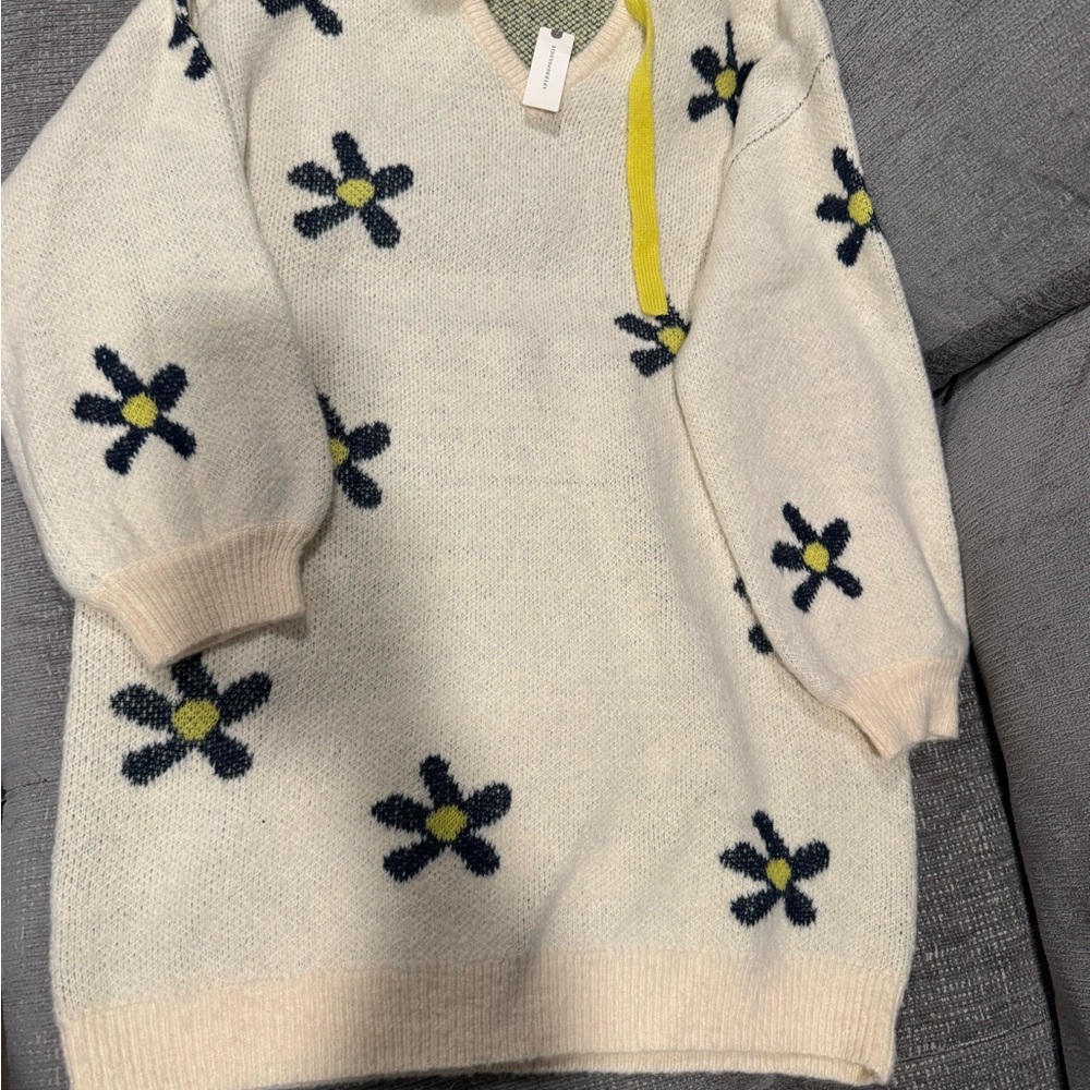 Anthropologie Floral Knit Sweater with Navy and Yellow Accents
